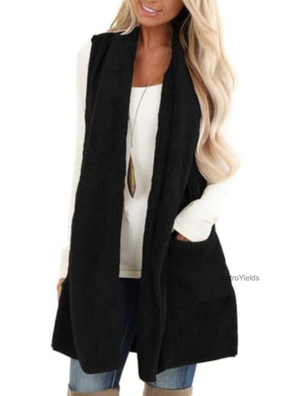 Sherpa Fleece Open Front Sleeveless Vest Fuzzy Cardigan Women's
